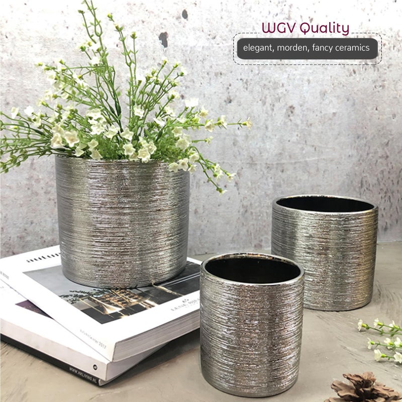 WGVI Silver Etched Ceramic Cylinder Vase Width 6.5" Height 6", Flower Arrangements, Candle Holder, Terrarium Planter Pot, Storage Container Organizer, Pen Brush Holder, Scratched Texture Design, 1 Pc - Image 5